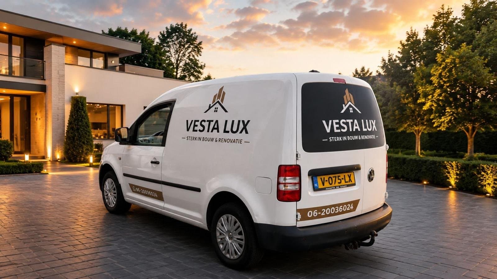 Bedrijfswagen van Vesta Lux bij een moderne woning in de avondzon